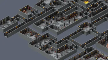 Isometric dungeon layout with multiple interconnected rooms, prison cells, torture chambers and storage areas in low poly 3D design