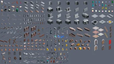 Complete dungeon asset pack collection featuring medieval furniture, torture devices, skeletons, potions, weapons, books and architectural elements in low poly 3D style