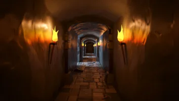 Long dungeon corridor with stone arches, wall torches and atmospheric perspective in low poly 3D design