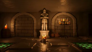 Ceremonial hall with armored knight statue, green glowing channels and candlelit alcoves in low poly 3D style