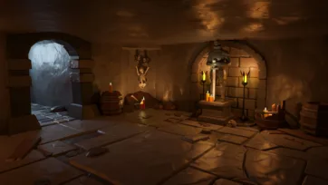 Underground shrine with skull altar, wooden barrels and atmospheric candlelight in low poly 3D art
