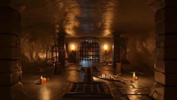 Dungeon torture chamber with execution table, skeleton remains and prison bars in low poly 3D design