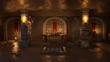 Medieval crypt shrine with chained skeleton, red banners and ceremonial altar in low poly 3D style