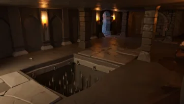 Dungeon chamber with deadly spike trap pit, stone columns and torch lighting in low poly 3D art
