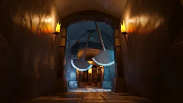 Underground cave entrance with chain pulley system, torch lighting and mysterious blue glow in low poly 3D style