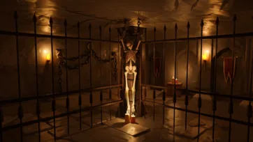 Medieval torture chamber with chains, shackled skeleton and iron bars in low poly 3D art