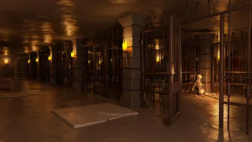 Dungeon prison block with multiple jail cells, iron bars and skeletal prisoner in low poly 3D style