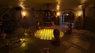 Underground chamber with glowing floor grate, cages and mysterious lighting in low poly 3D design