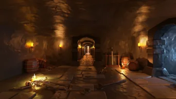 Dungeon storage corridor with wooden barrels, stone arches and torch lighting in low poly 3D