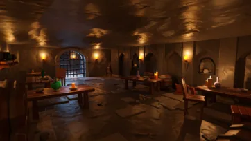 Medieval laboratory with alchemy equipment, books, potions and work tables in low poly 3D art