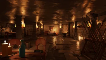 Dungeon armory chamber with medieval weapons, torture devices and stone architecture in low poly 3D