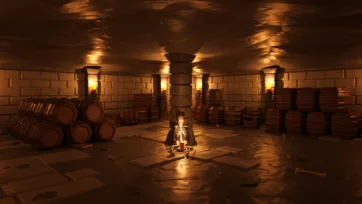 Medieval wine cellar with wooden barrels, stone pillars and skeleton remains in low poly 3D design