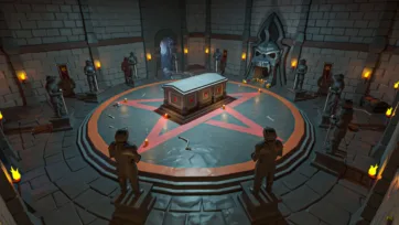 Ritual circle tomb chamber with robed figures, sarcophagus and mystical symbols in low poly 3D art