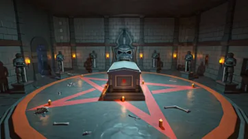 Ceremonial tomb chamber with central sarcophagus, skull emblem and guard statues in low poly 3D