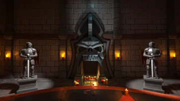 Dark throne room with skull decoration, armored guards and red carpet in low poly 3D style