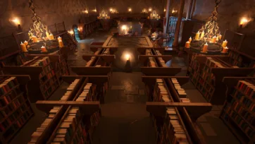 Library reading room with organized book sections, multiple levels and ambient lighting in low poly 3D