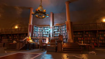 Grand library hall with classical columns, curved bookshelves and dramatic ceiling in low poly 3D style