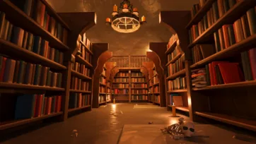 Arched library passage with floor-to-ceiling bookshelves and warm lighting in low poly 3D art