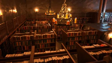 Multi-level library maze with organized bookshelves, chandeliers and complex layout in low poly 3D design