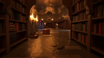 Ancient library corridor lined with tall bookshelves, arched ceiling and atmospheric lighting in low poly 3D