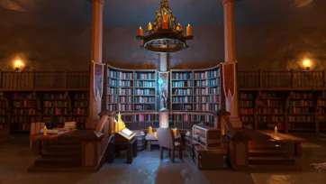 Medieval library study room with curved bookshelves, ornate chandelier and reading desk in low poly 3D style