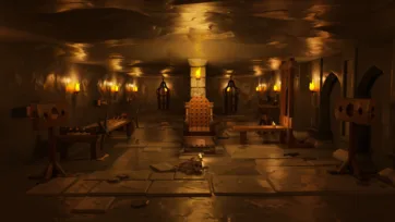 Dungeon torture chamber featuring spiked chair, hanging cages and skeleton remains in low poly 3D art
