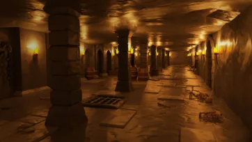 Underground dungeon corridor with stone pillars, torch lighting and skeletal remains in low poly 3D design