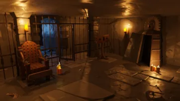 Medieval dungeon prison cell with iron bars, torture chair, candles and stone architecture in low poly 3D style