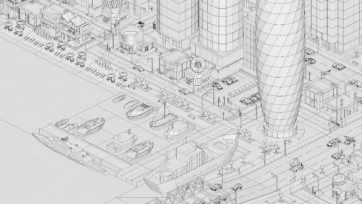 Technical line drawing of isometric city layout with marina, skyscrapers, and urban planning