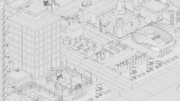 Isometric city wireframe sketch with buildings, vehicles, and infrastructure line art design