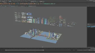 Maya interface showing city builder toolkit with low poly buildings and urban elements