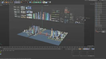 Cinema 4D workspace with 3D low poly city scene and asset library organization
