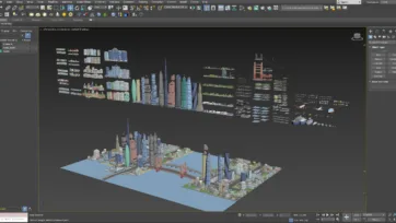 3ds Max viewport displaying isometric city building kit with modular architecture components
