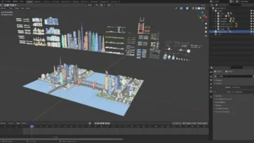 Blender 3D software interface showing low poly city assets pack with buildings and vehicles layout