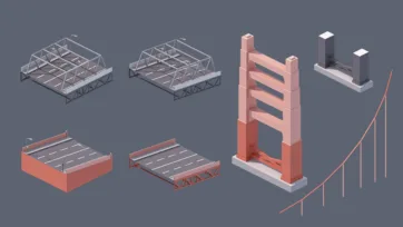 Isometric 3D bridge infrastructure collection with suspension cables and support structures