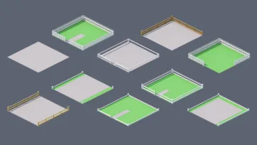Isometric terrain tiles with fencing, barriers, and landscape boundary elements