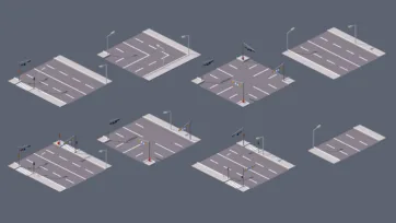 Isometric road and street tile collection with intersections, crosswalks, and traffic elements