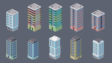 Isometric mid-rise apartment and residential tower buildings with colorful exteriors