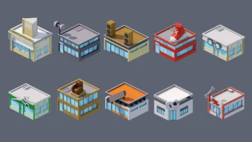 Low poly 3D industrial and factory buildings with smokestacks and production facilities