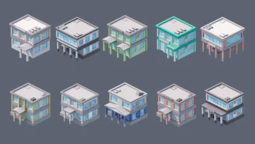 3D low poly modern office buildings with elevated structures and contemporary designs