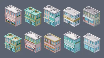 Low poly 3D commercial buildings with shops, stores, and mixed-use residential structures