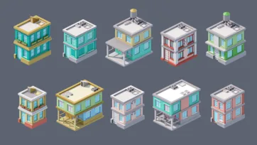 3D low poly isometric residential buildings collection with colorful houses and rooftop equipment