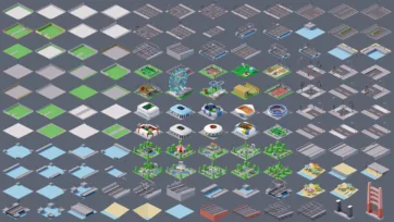 Isometric 3D tile set with roads, parks, stadiums, bridges, and infrastructure elements