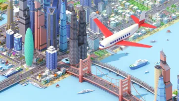 3D isometric city overview with airplane, skyscrapers, suspension bridge, and harbor