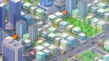 Low poly 3D urban development with mixed-use buildings, green spaces, and blue towers