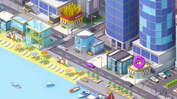 Isometric coastal scene with fast food restaurants, modern architecture, and beach access
