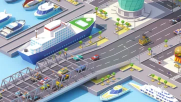 3D low poly harbor with drawbridge, ferry boat, and cylindrical tower buildings