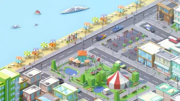 Isometric 3D park area with carnival tent, playground equipment, and surrounding buildings