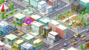 Low poly isometric street scene with donut shop, burger restaurant, and urban buildings