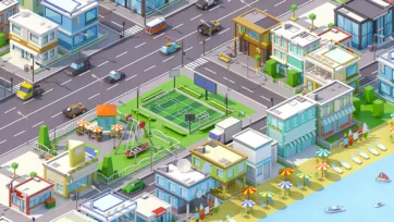 Isometric low poly neighborhood with soccer field, playground, and mixed residential buildings